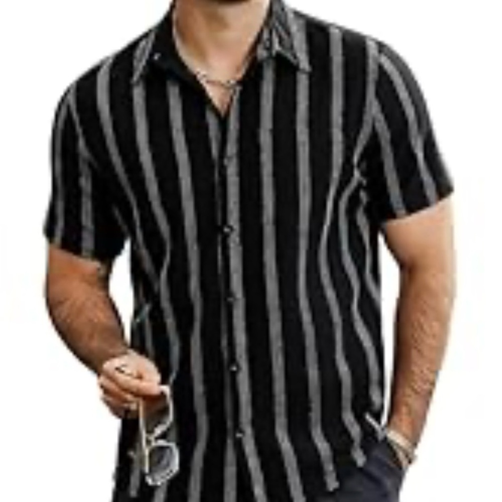 Short-Sleeve Vertical Stripe Button-Down Shirt — Black/Gray